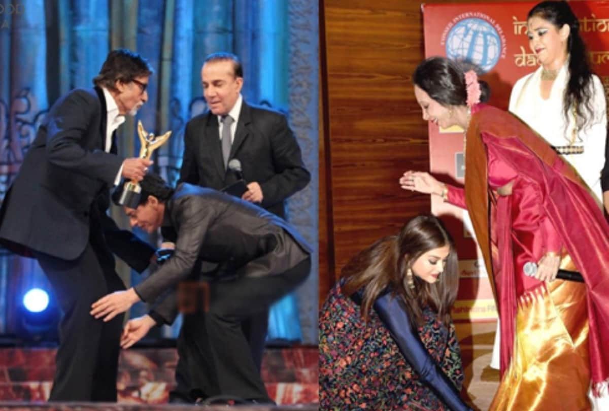 these bollywood stars are never shy to touch their feet the gathering has received praise from their rituals in hindi