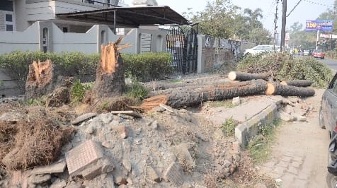 Smart city contractors pouring soil in front of houses by digging