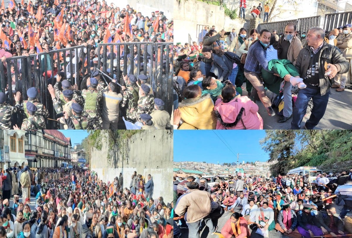 bharatiya mazdoor sangh protest in state secretariat shimla, scuffle between police personnel and workers