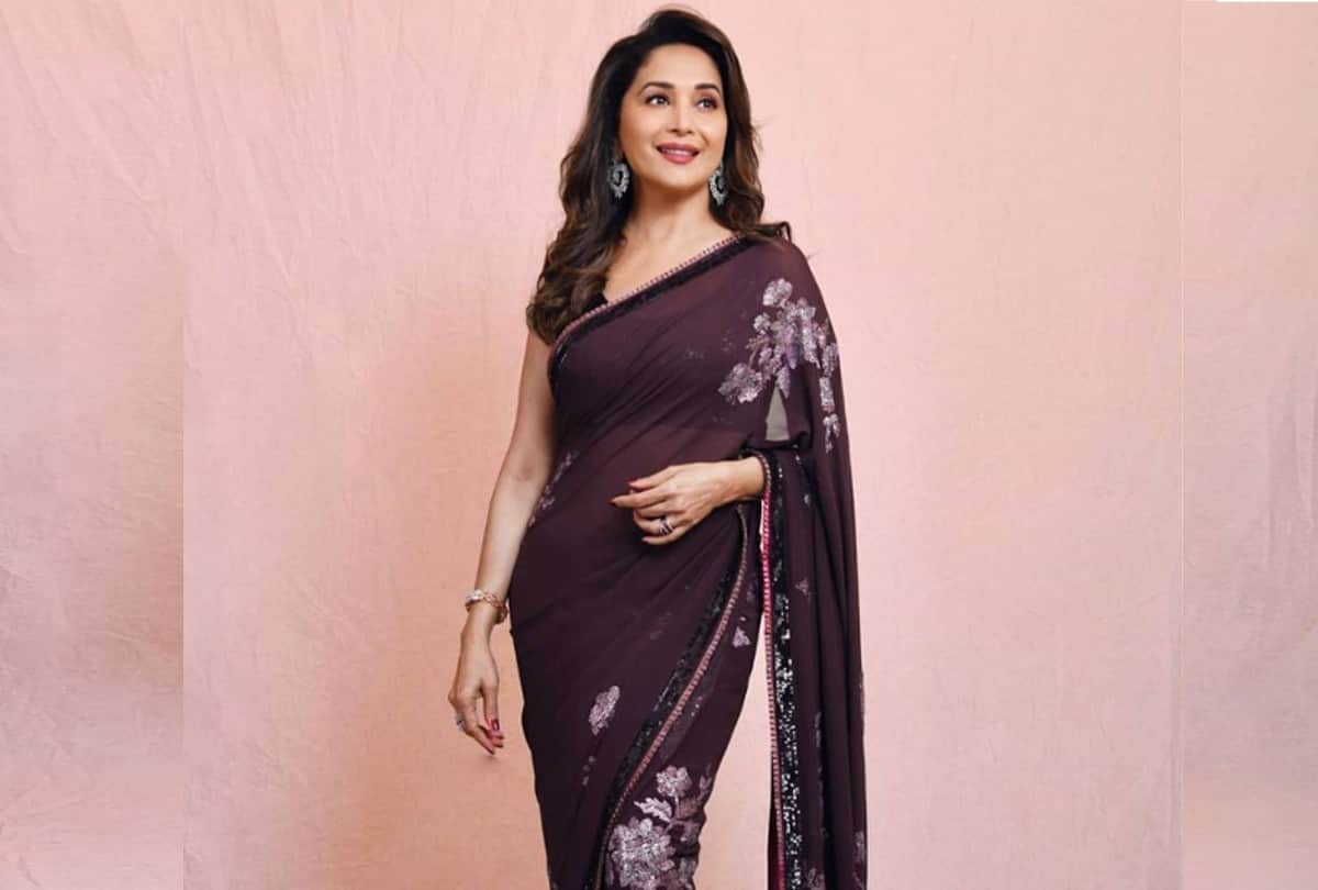 madhuri Dixit wine floral saree photos And Price