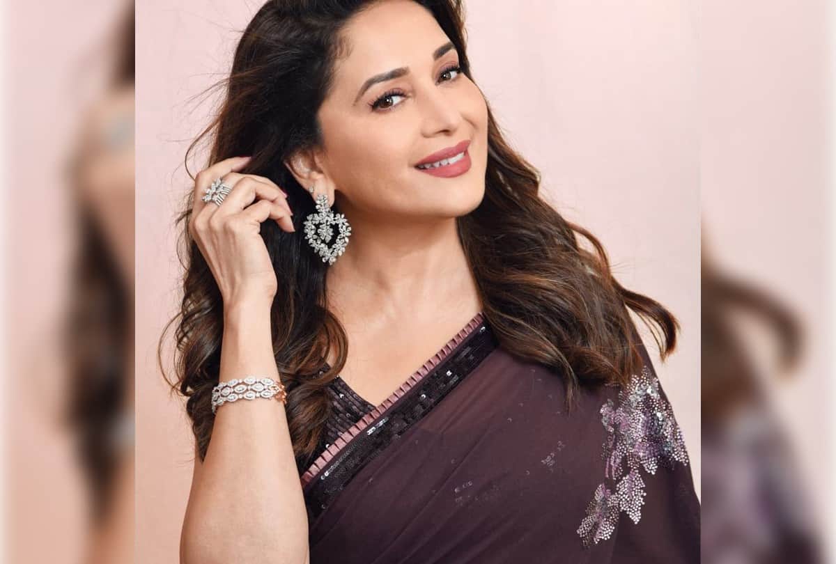 madhuri Dixit wine floral saree photos And Price