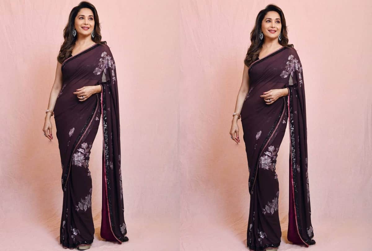 madhuri Dixit wine floral saree photos And Price