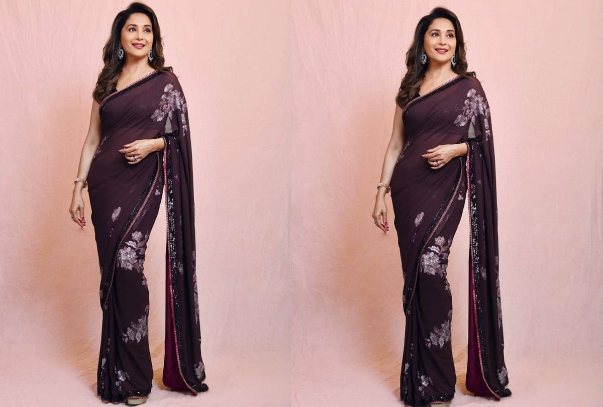 madhuri Dixit wine floral saree photos And Price