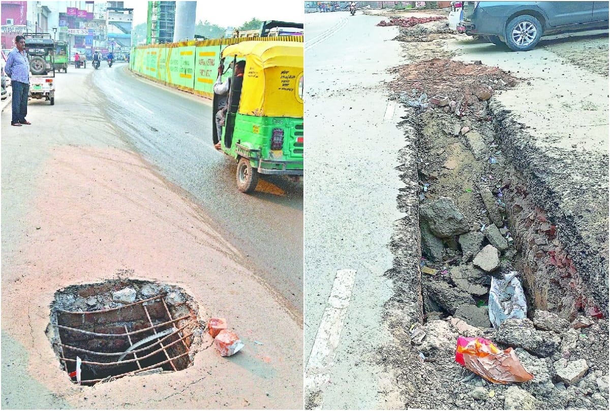 dangerous potholes on the Fatehabad road of Agra