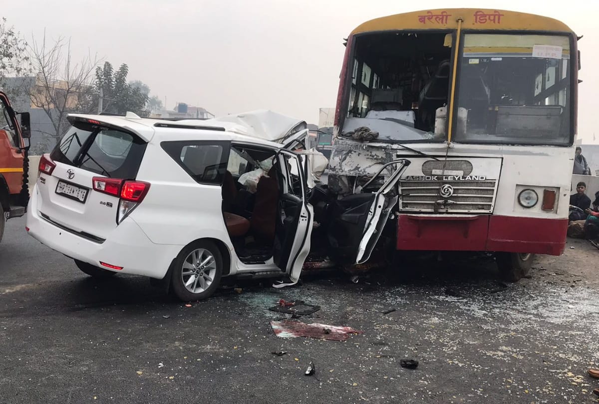 Amroha national highway car and roadways bus hits each other two died three seriously injured