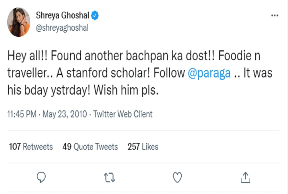Singer Shreya Ghoshal reacts on social media users digging her old tweet for friend and twitter CEO Paraga Agrawal