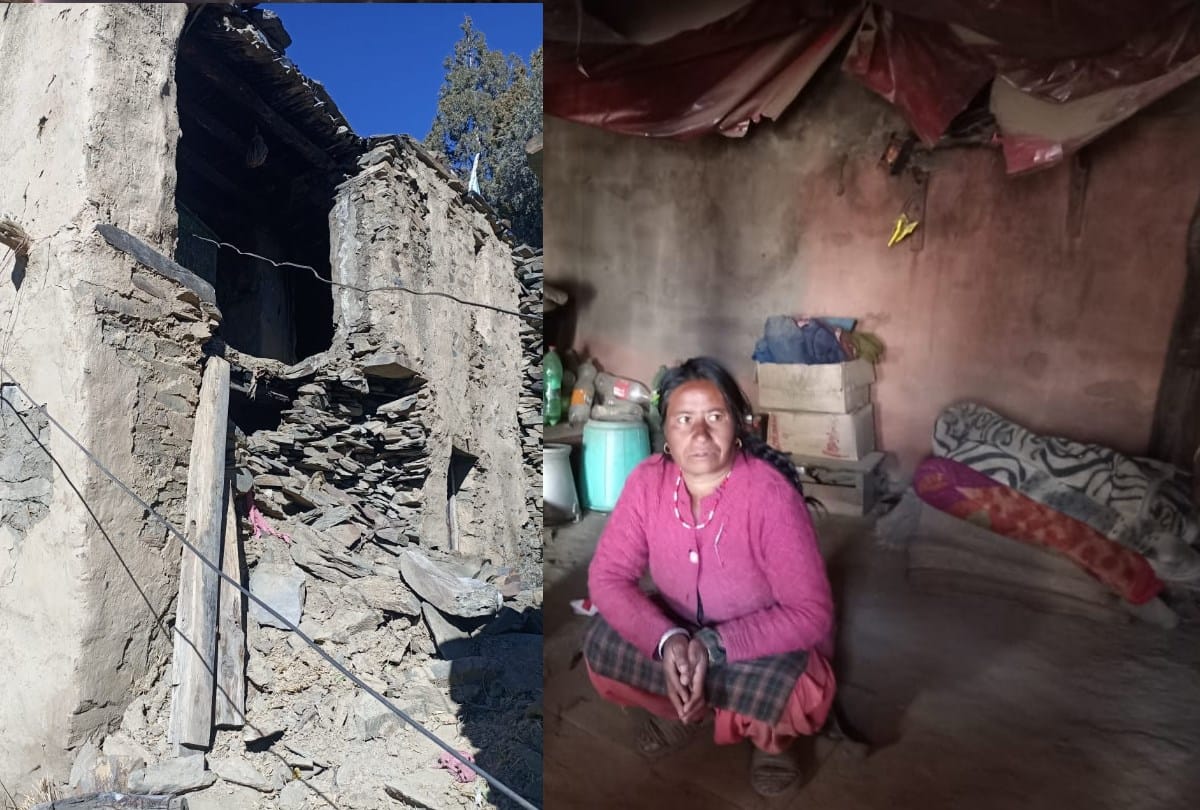 poor woman living in damaged house in lahaul spiti himachal pradesh