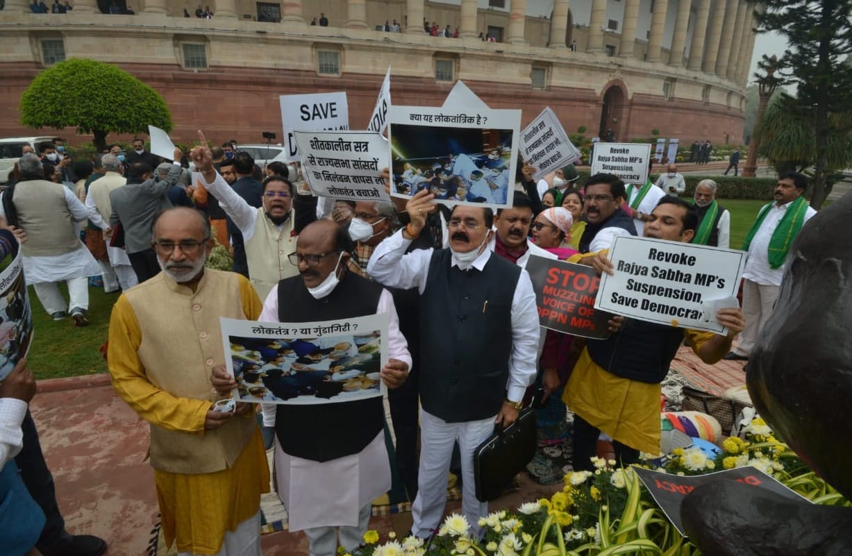 Opposition protest against  govt over suspension of 12 Rajya Sabha MPs for Parliament  winter session