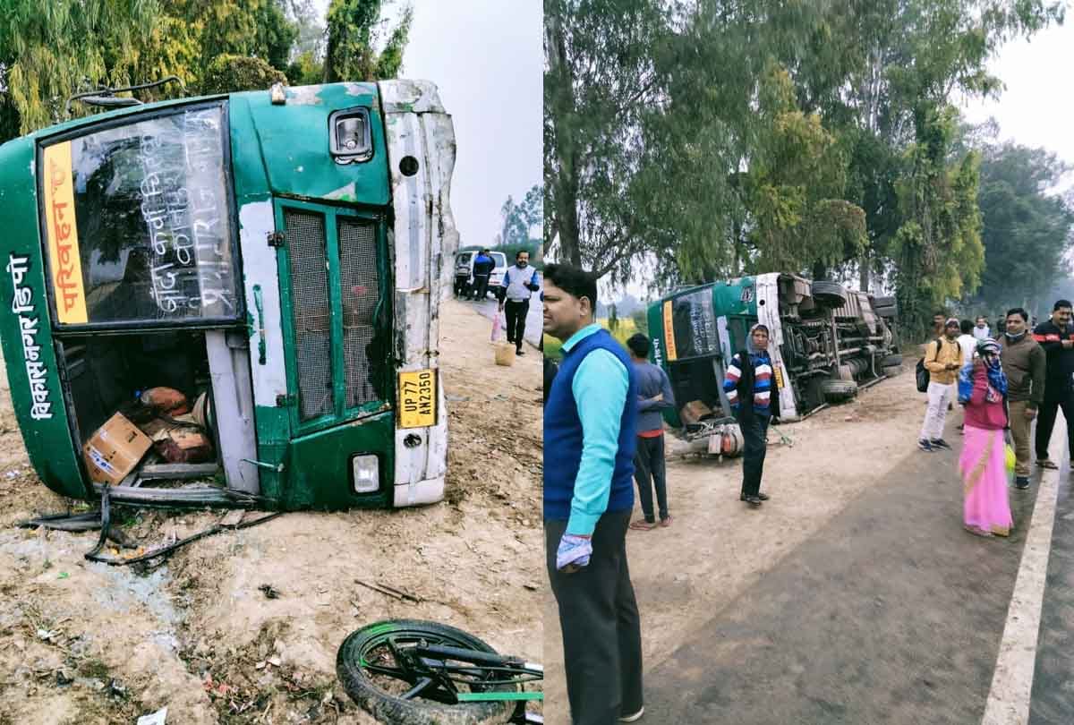 Kanpur: Bus overturned to save cow on Maharajpur highway, fifty passengers injured