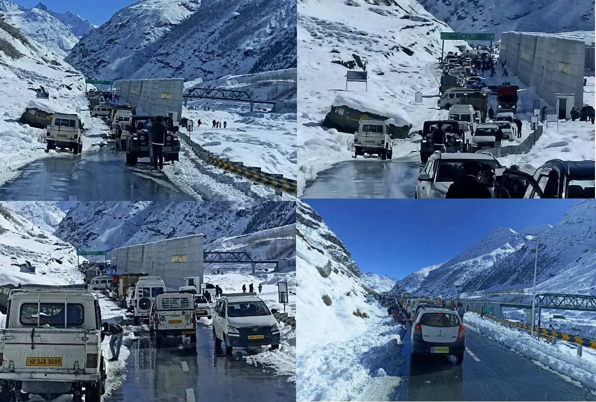 tourist vehicles stranded in traffic jam in atal tunnel rohtang