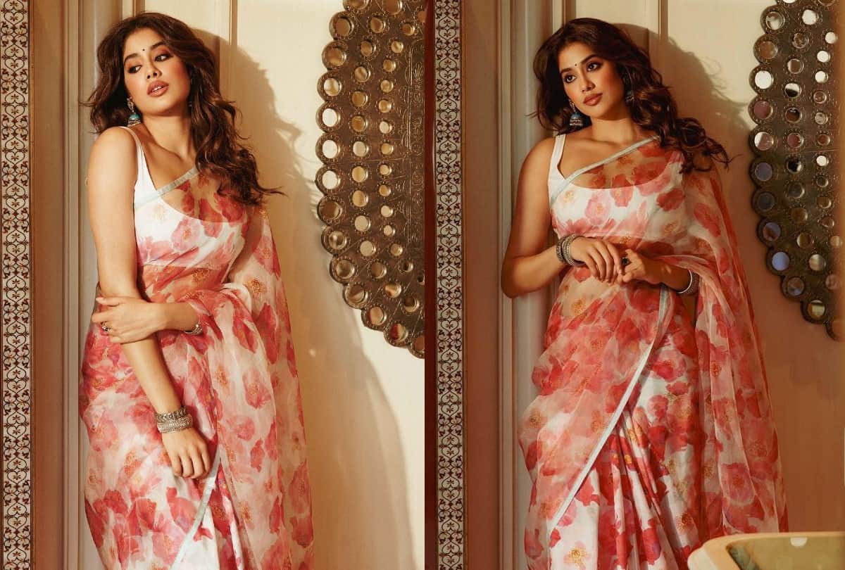 Janhvi Kapoor Floral Organza Saree paired with white bralette Photos