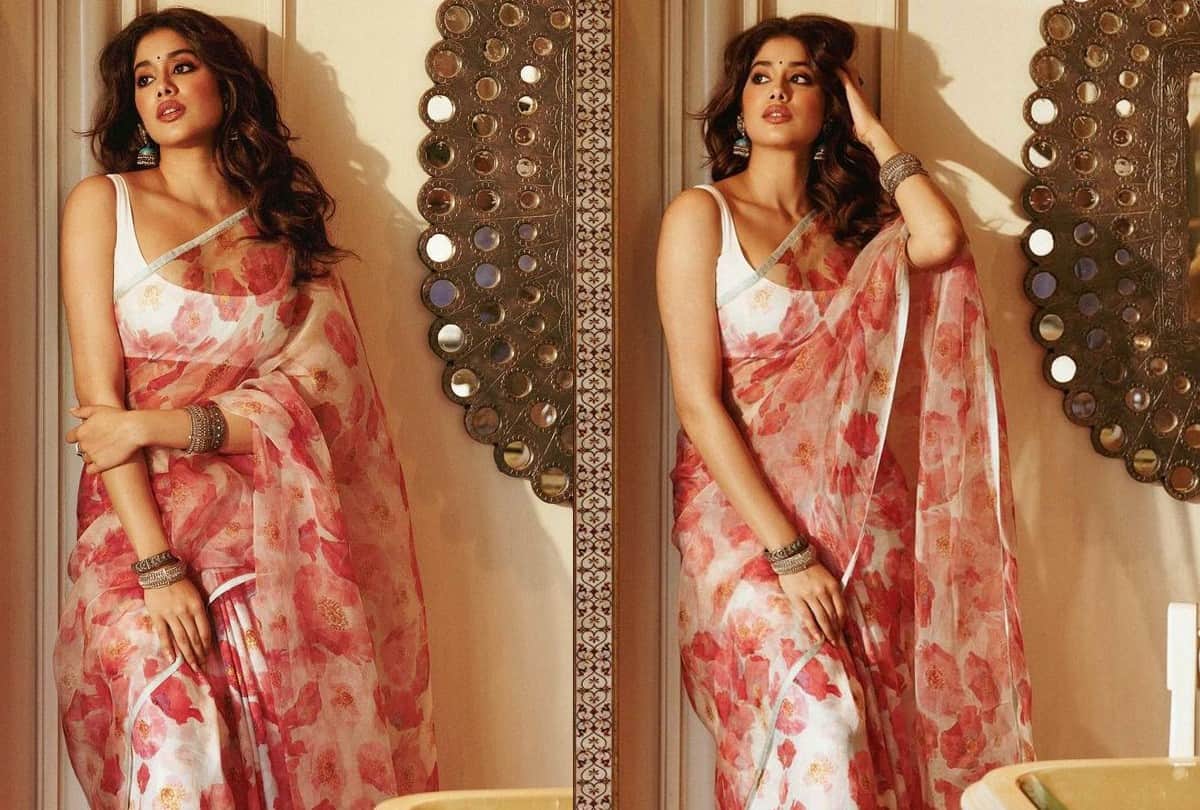 Janhvi Kapoor Floral Organza Saree paired with white bralette Photos