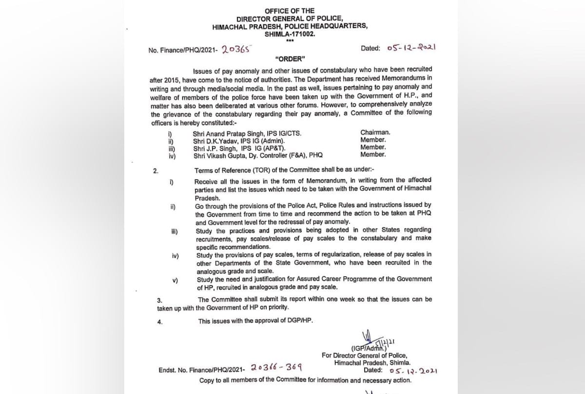 Himachal police headquarter constituted committee for revised pay band of police constables in himachal pradesh