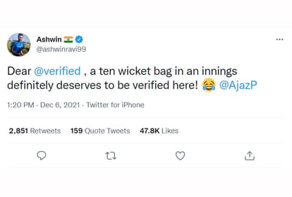 Ashwin asks twitter to give Ajaj patel blue tick got support from Fans