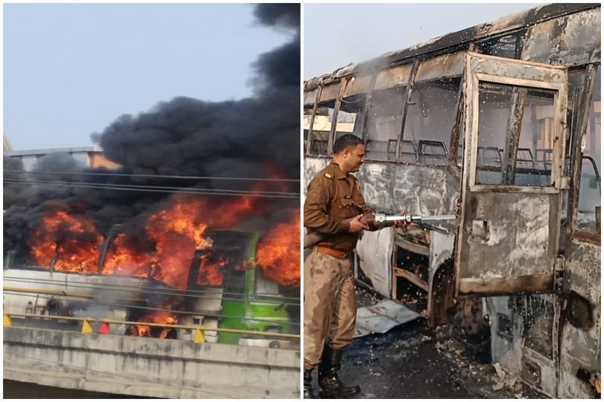 accident in varanasi massive fire broke out in bus moving on overbridge passengers narrowly escaped amidst  flames