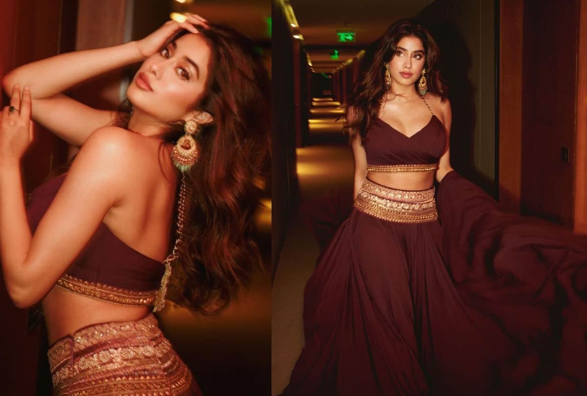 Janhvi Kapoor Embroidered Peach Lehenga Photos Viral