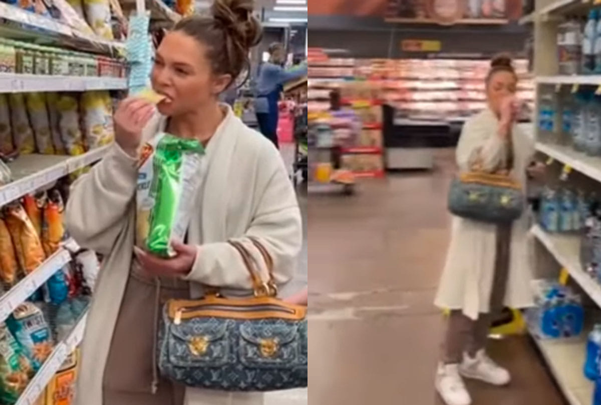 woman spitting in food lady spit into chips and water bottle at shopping mall