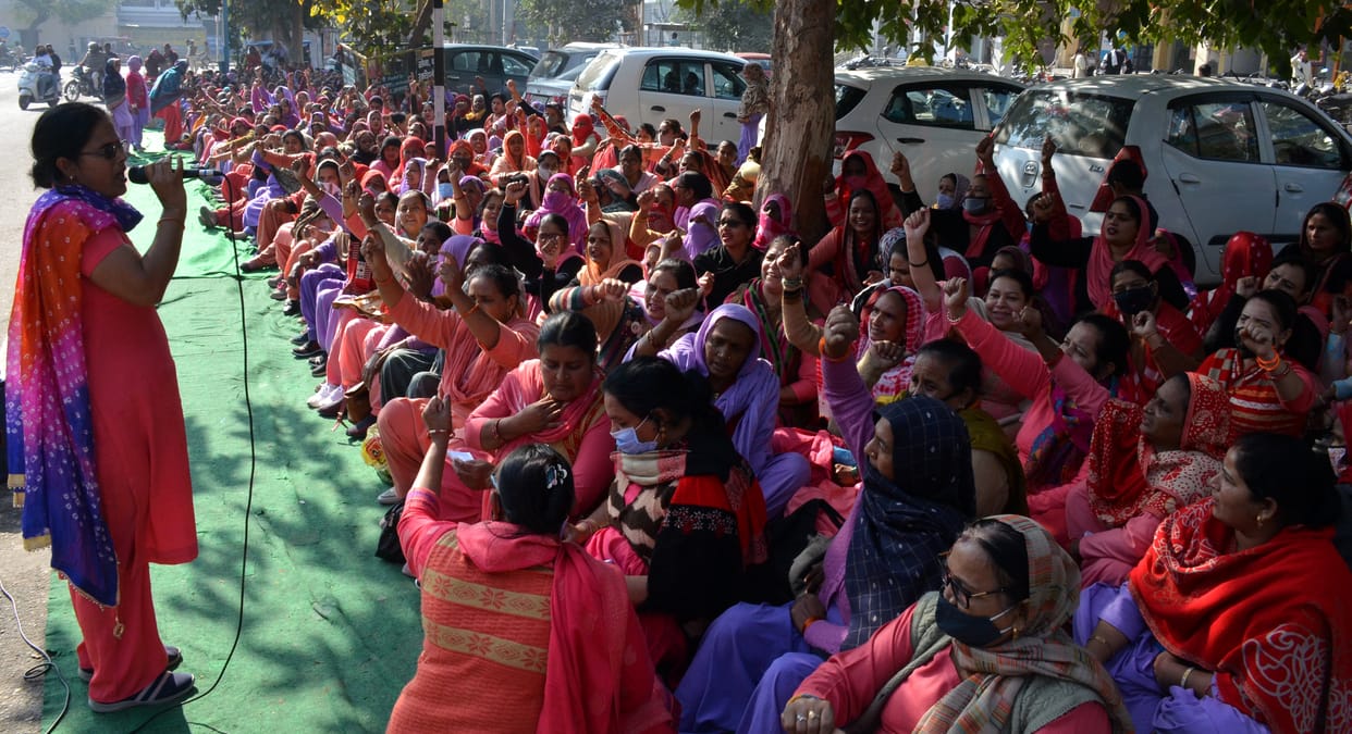 Anganwadi workers and helpers went on indefinite strike
