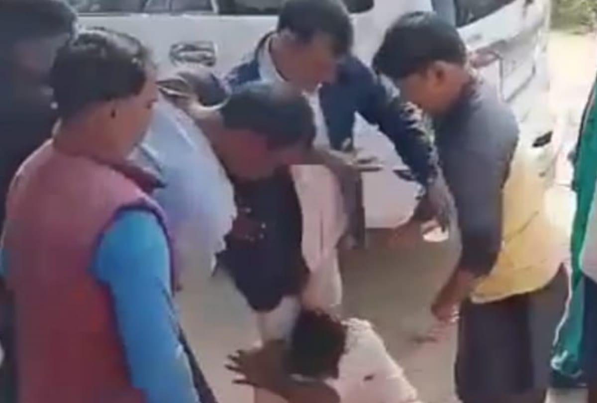Gram Pradhan beats a dalit with his shoes in Sarojini Nagar in Lucknow.