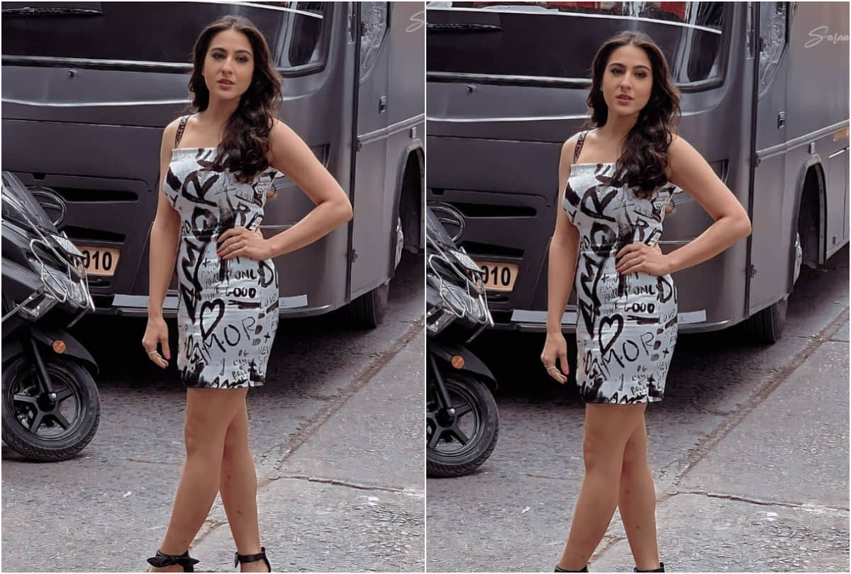 sara ali khan flaunts legs in black and white short dress print spanish word amor
