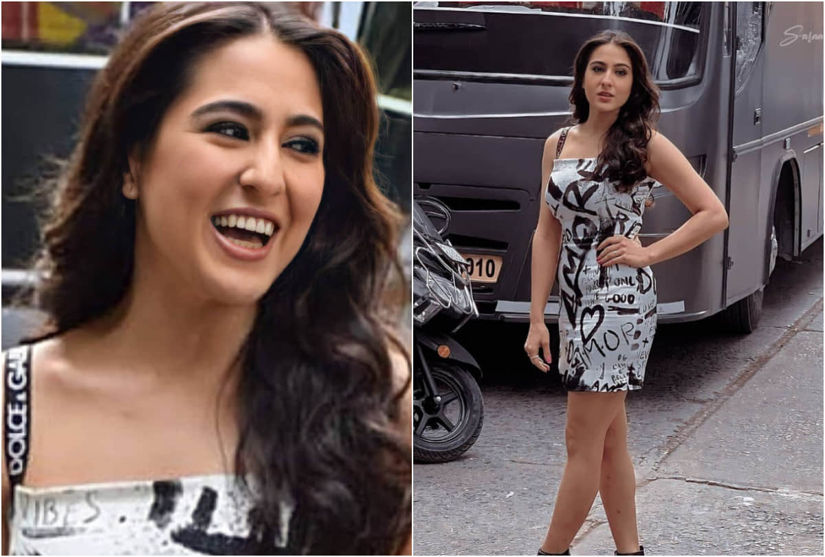 sara ali khan flaunts legs in black and white short dress print spanish word amor