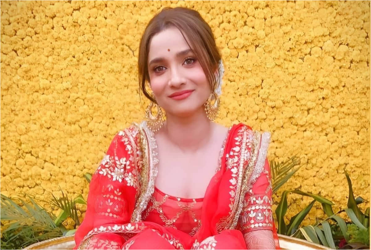 ankita lokhande wedding wear red sharara in haldi ceremony