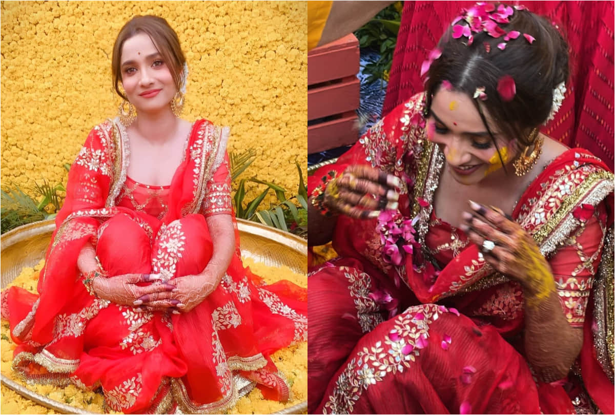 ankita lokhande wedding wear red sharara in haldi ceremony
