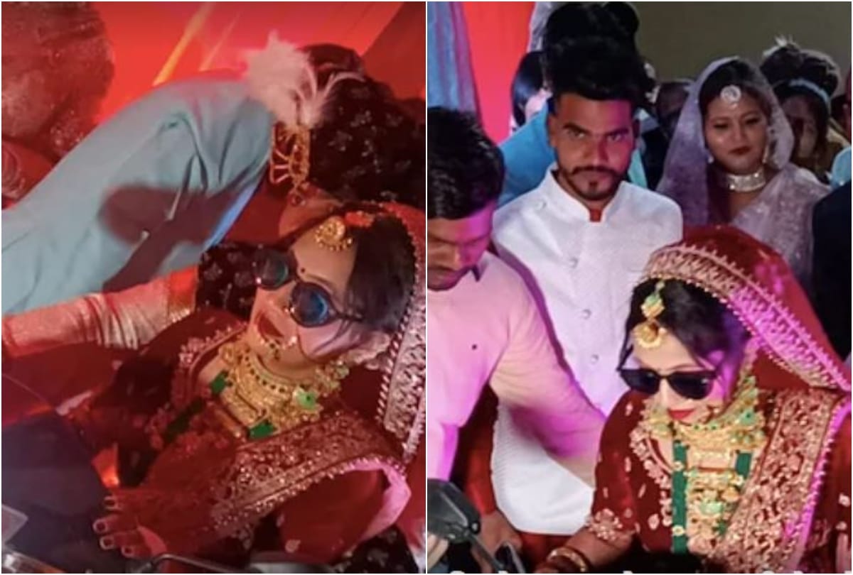 bride arrived at wedding ceremony with groom on scooter in firozabad