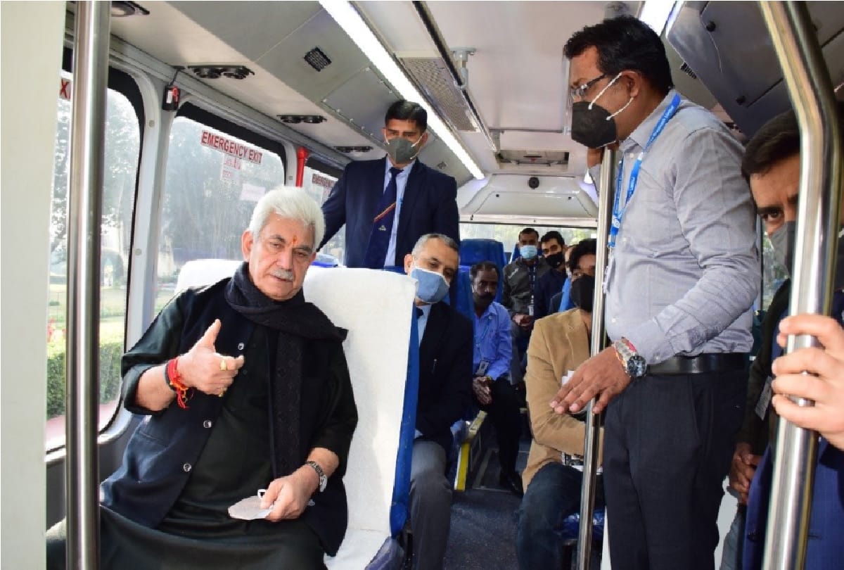 Jammu-Kashmir: Lieutenant Governor Manoj Sinha rides in an electric bus from Raj Bhavan, Jammu to Trikuta Nagar.