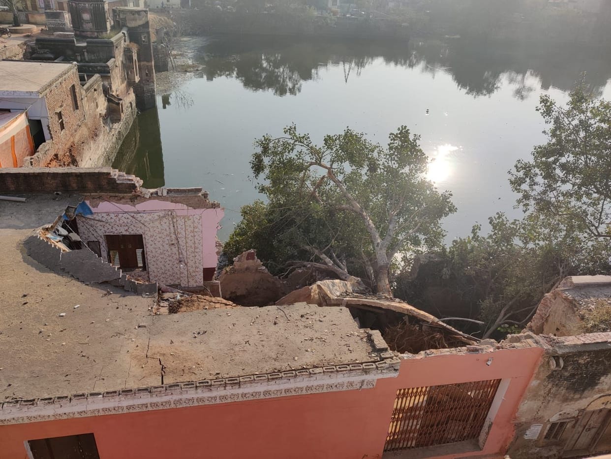 Fallen debris, Shyam Bahadur temple in Shyamsar pond