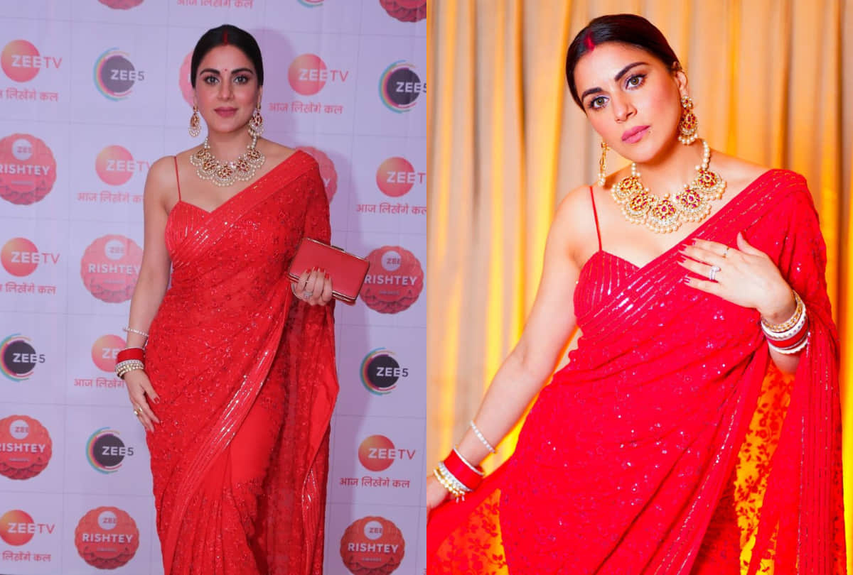 shraddha arya look stunning in bright red saree with spaghetti blouse design in award show