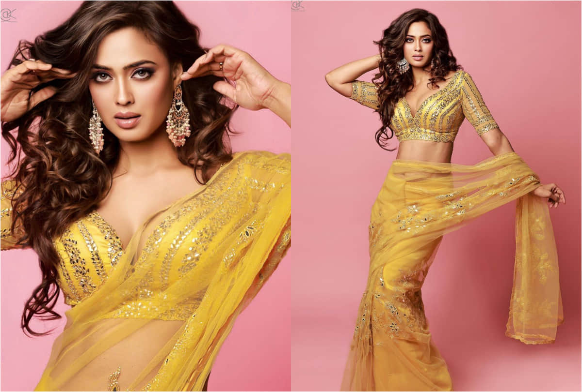 shweta tiwari looks gorgeous in yellow tulle saree show her figure