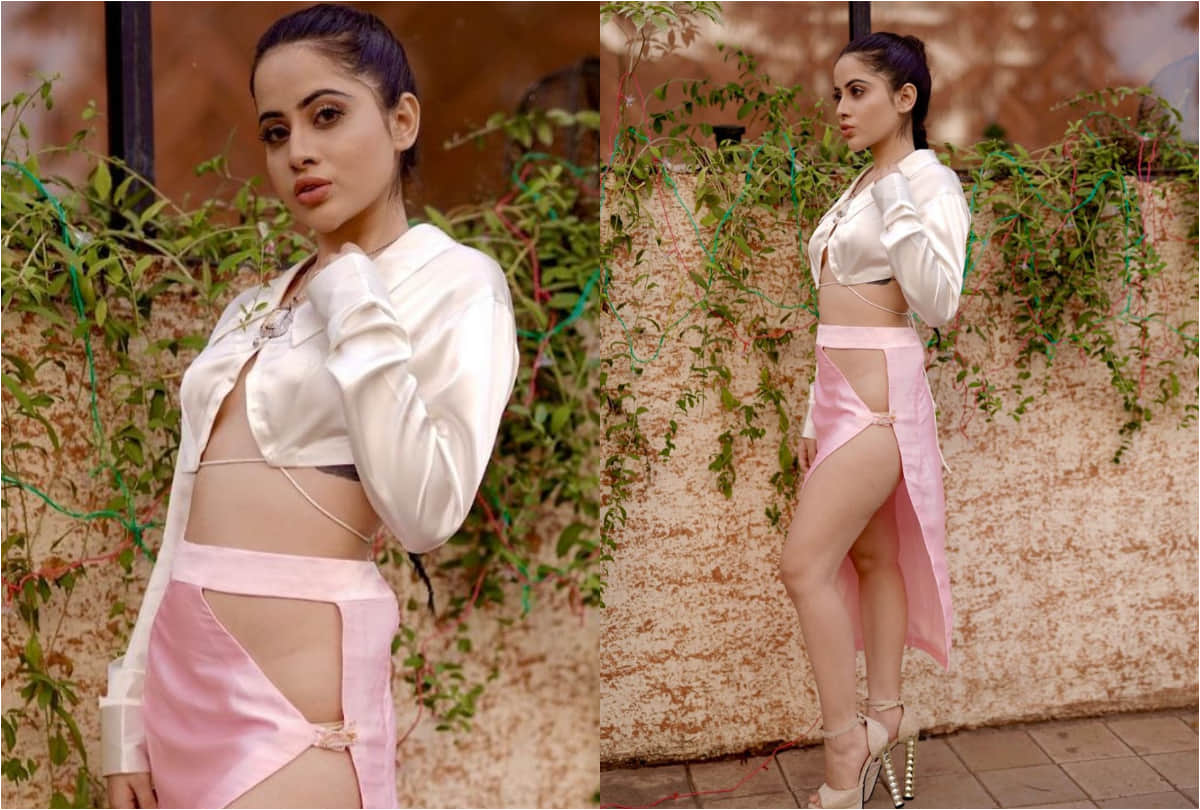 urfi javed in satin pink skirt with white shirt looking bold and glamorous