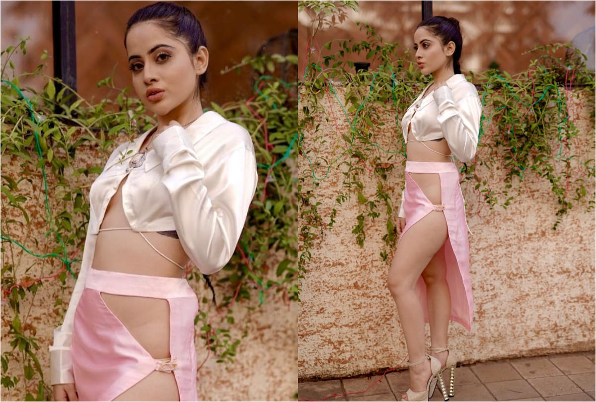 urfi javed in satin pink skirt with white shirt looking bold and glamorous