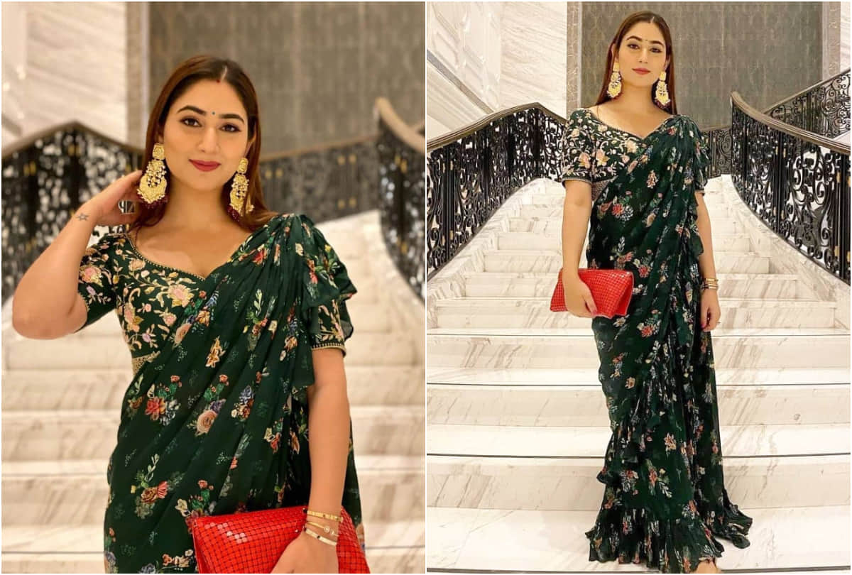 rahul vaidya wife disha parmar floral green ruffle saree