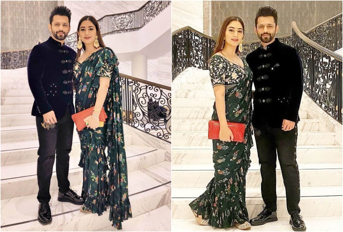 rahul vaidya wife disha parmar floral green ruffle saree