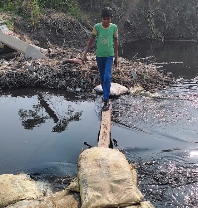 Villagers crossing Krishna river with the help of wooden stick