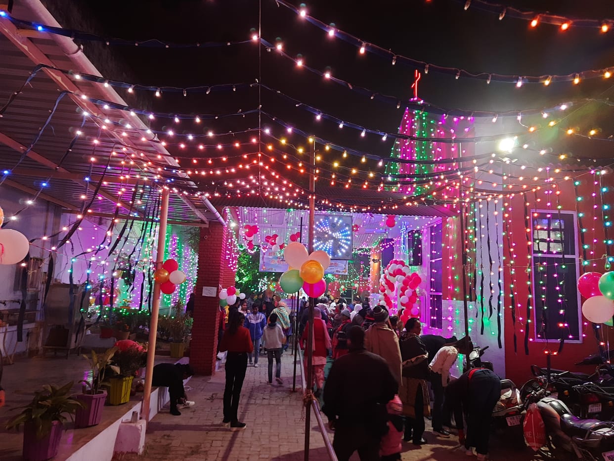 Church decorated with colorful lights on Christmas, Yamunanagar