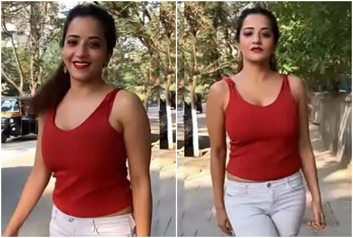 Bhojpuri: Monalisa reached the market for Christmas shopping look stunning in red sleeveless top and white pant