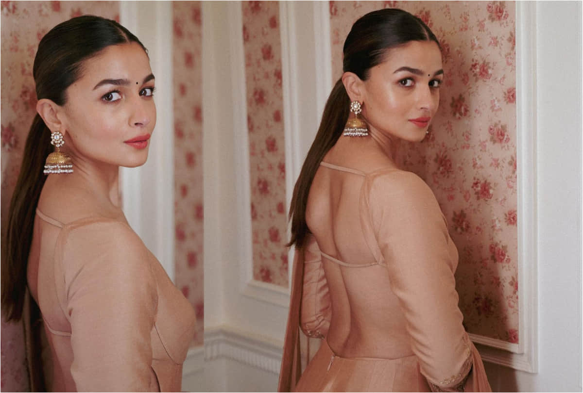 alia bhatt in backless nude shade anarkali kurta from manish malhotra