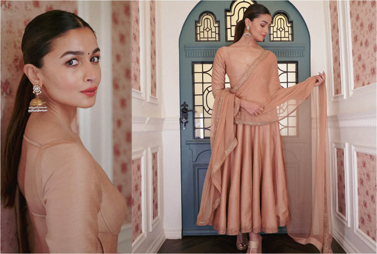 alia bhatt in backless nude shade anarkali kurta from manish malhotra