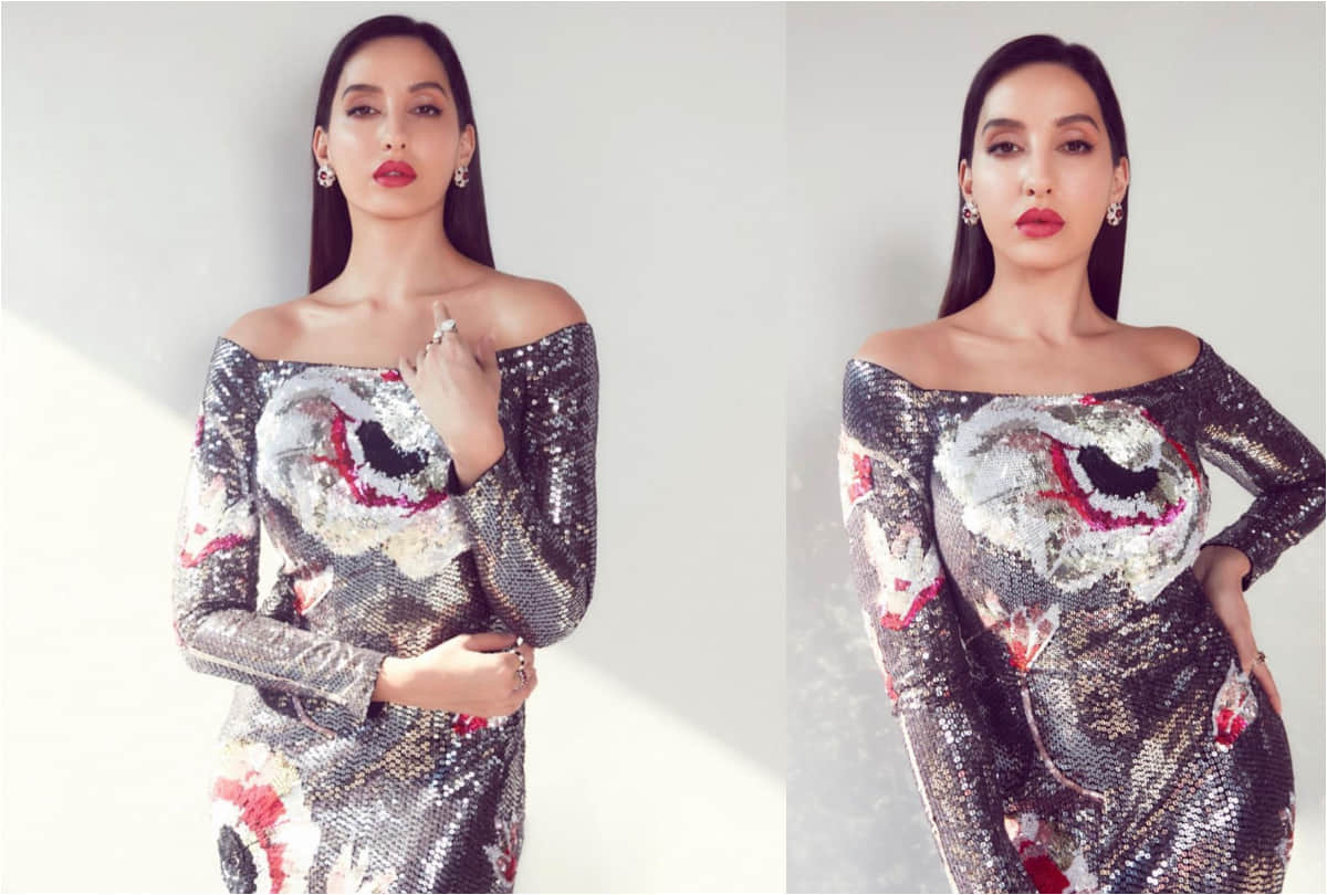 nora fatehi bling in gold pant suit latest photoshoot