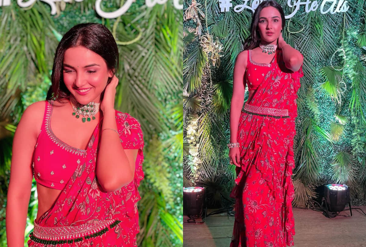 jasmin bhasin gorgeous look in floral ruffle saree for friend ring ceremony