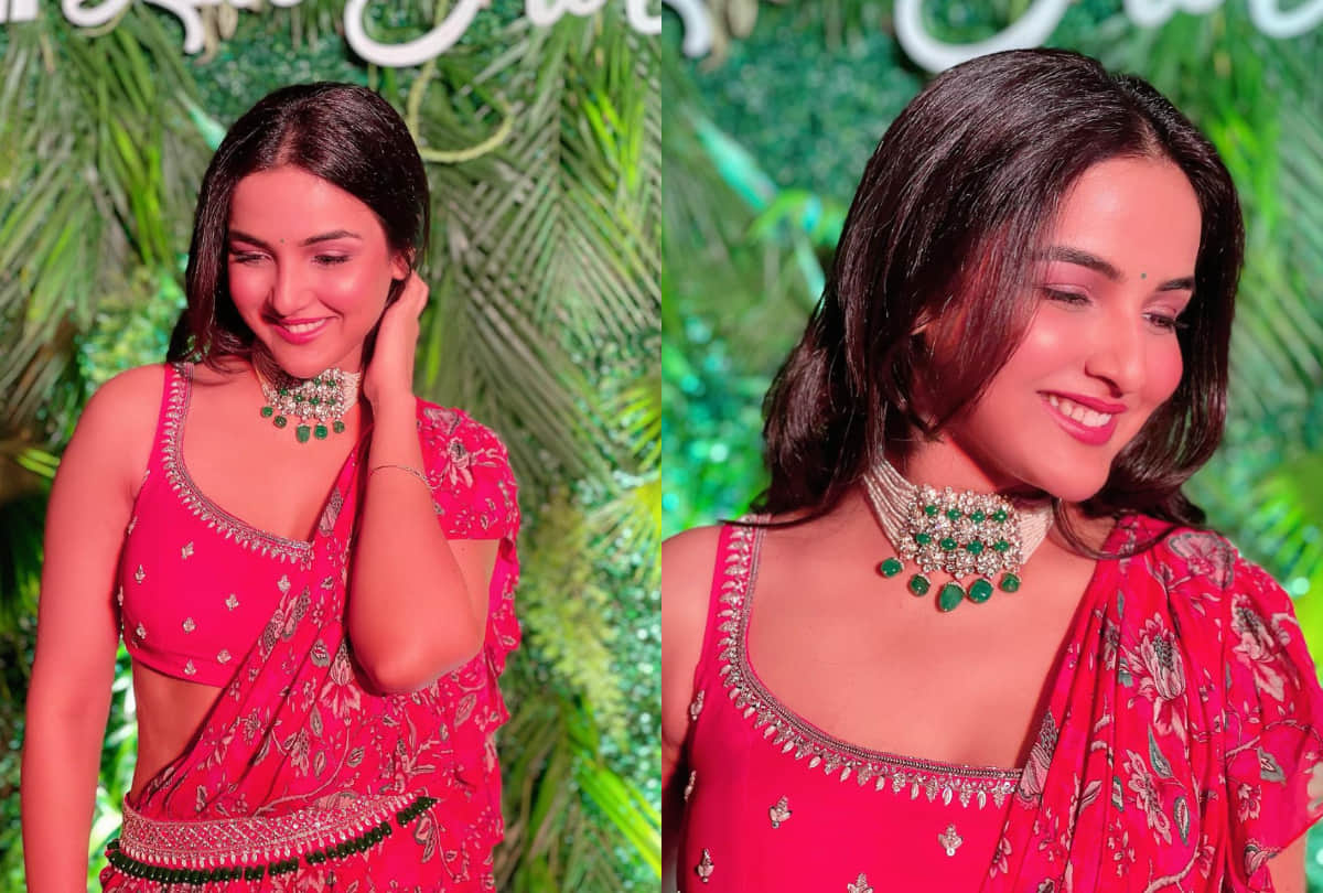 jasmin bhasin gorgeous look in floral ruffle saree for friend ring ceremony