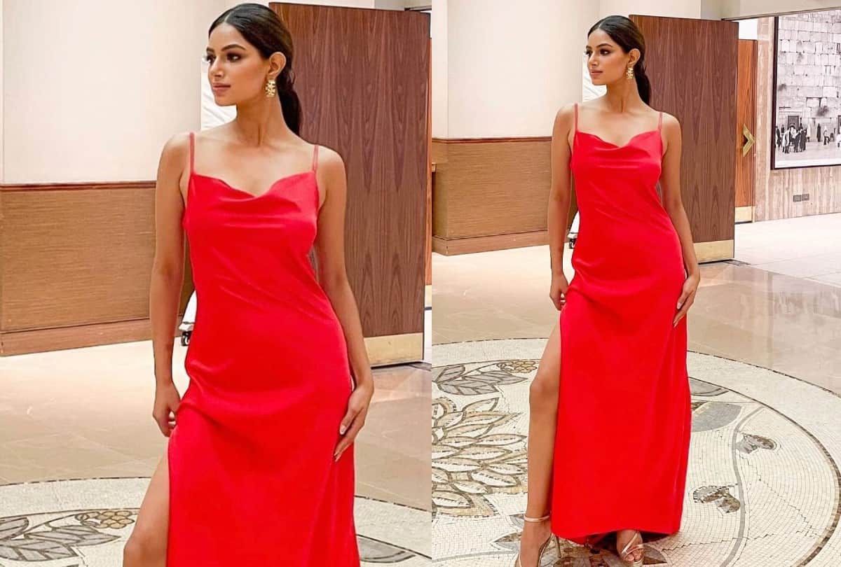 miss universe harnaaz sandhu orange bodycon dress in new york