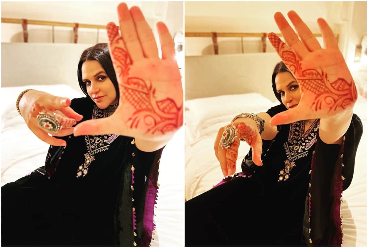 Social Media: Neha Dhupia shared some of her pictures from Vicky-Katrina wedding ask fans to find Angad name in Mehndi