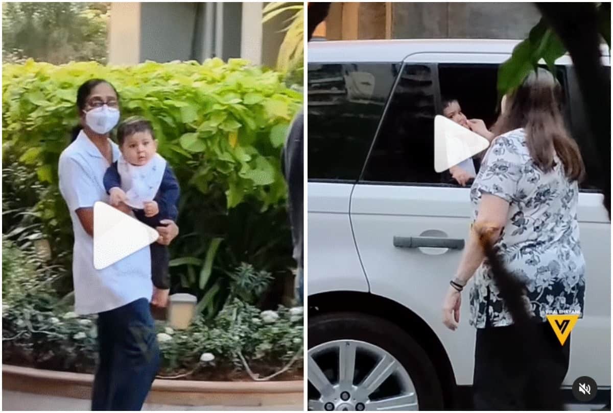 Kareena kapoor and Karisma visit Randhir Kapoor nani Babita pulls Jeh's cheeks Watch