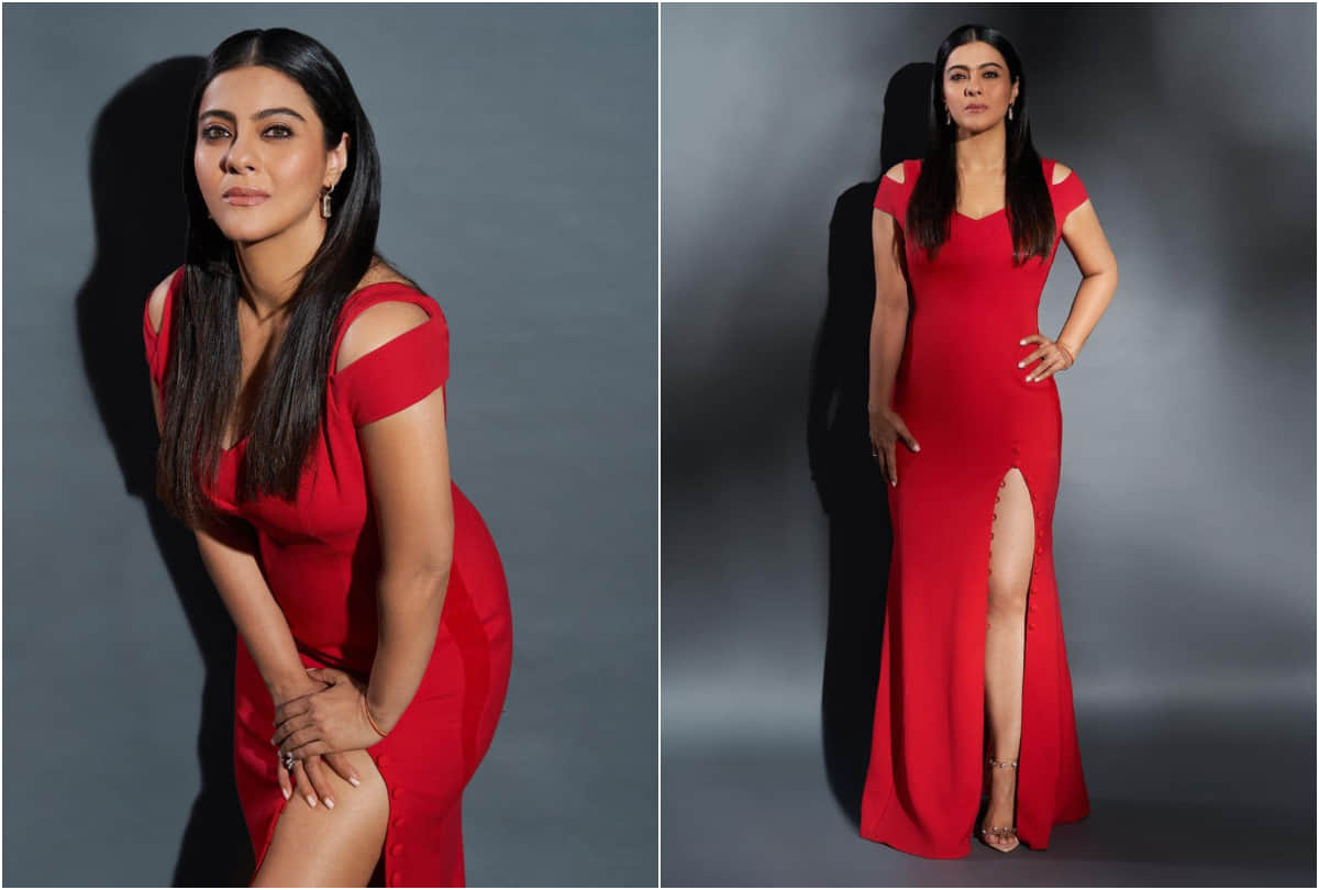 kajol stuns in red thigh high slit gown nysa devgan mirror selfie viral