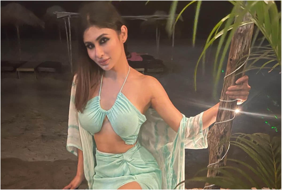 mouni roy party with friends in bold look with bikini and thigh high slit skirt
