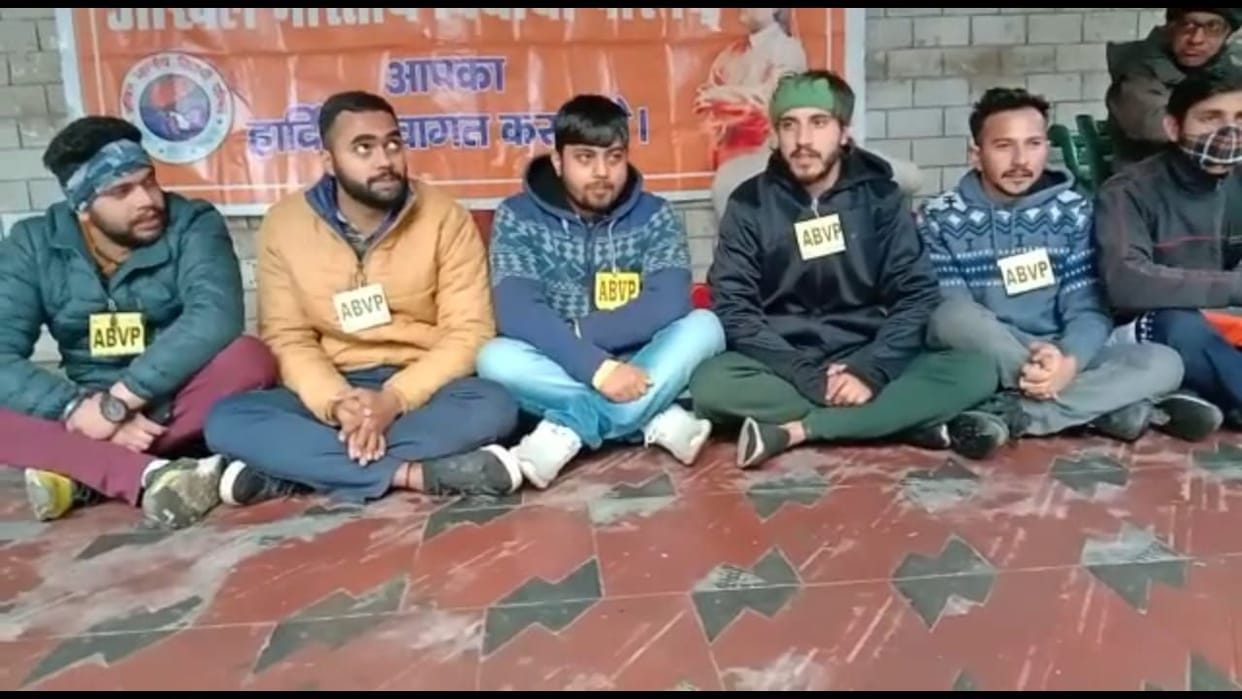 ABVP workers sitting on a gradual hunger strike at Gandhi Chowk